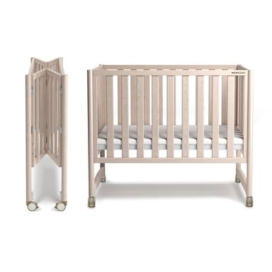 EvoNook 6-in-1 Convertible Mini Crib - Easy Assembly, Portable Folding Baby Mini Crib with Wheels, 100% New Zealand Pinewood, 4 Adjustable Mattress Heights, Washed Nature with Mattress