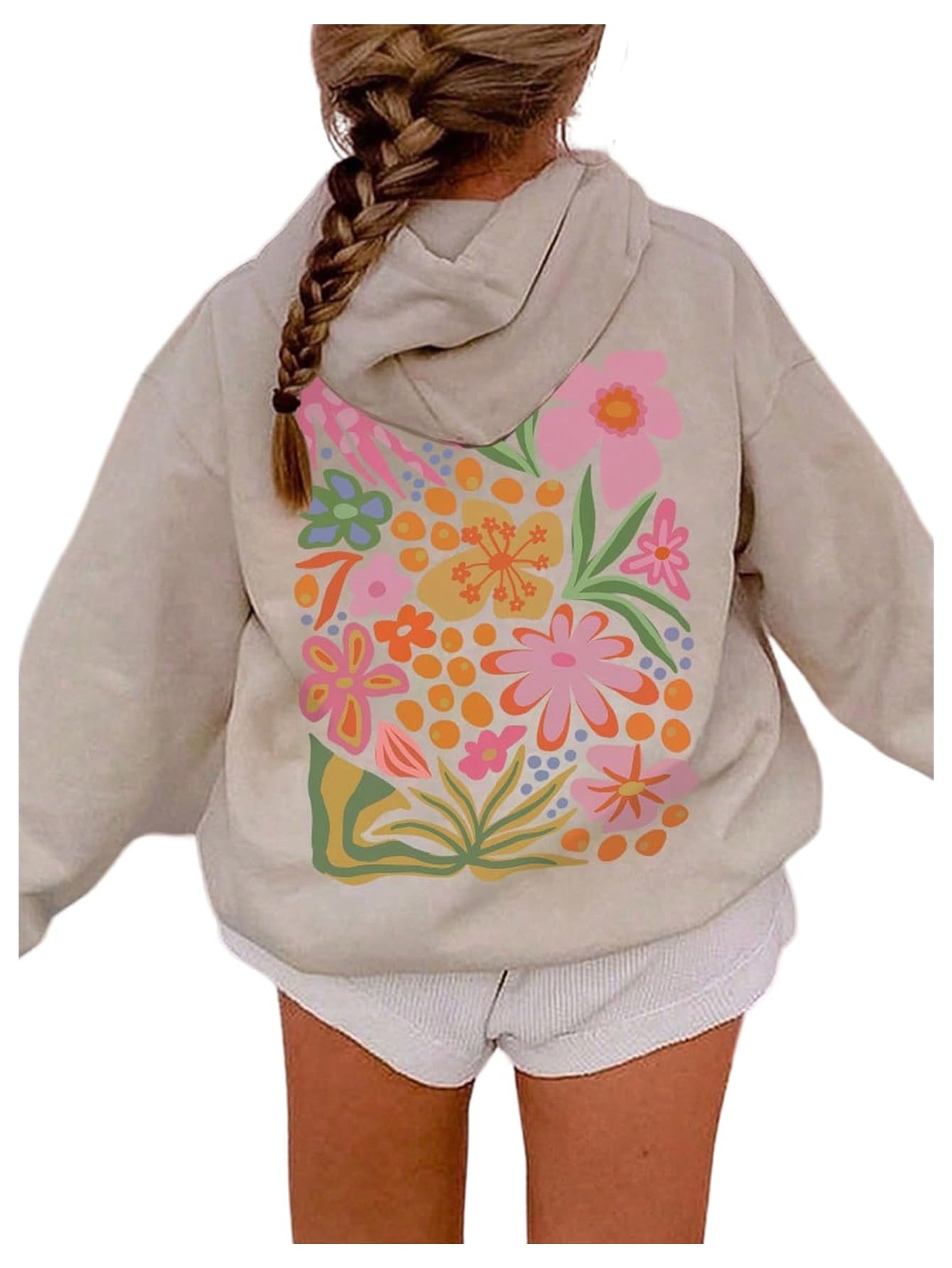 Cute Graphic Fleece Hoodie for Girls 13 Years Apricot | Floerns