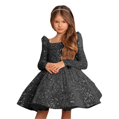 RYANTH Sequin Pageant Dresses for Girls Long Sleeve Flower Girl Dress Short First Communion Dress with Bow Knot 2 Black