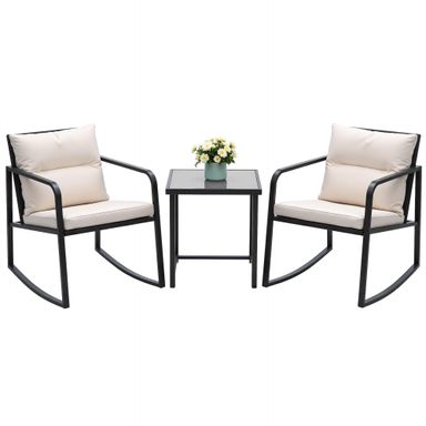 Devoko 3 Piece Rocking Bistro Set Wicker Patio Outdoor Furniture Porch Chairs Conversation Sets with Glass Coffee Table (Beige) Beige Beige