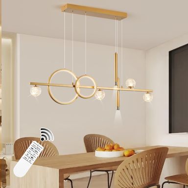 LED Gold Chandeliers for Dining Room, 47in Dimmable Modern Chandelier Gold Pendant Lights for Kitchen Island, Linear Ring Globe Pendant Light Fixtures Dining Room Lights Ceiling Hanging Gold,Linear+Bulb+Spotlight 47in