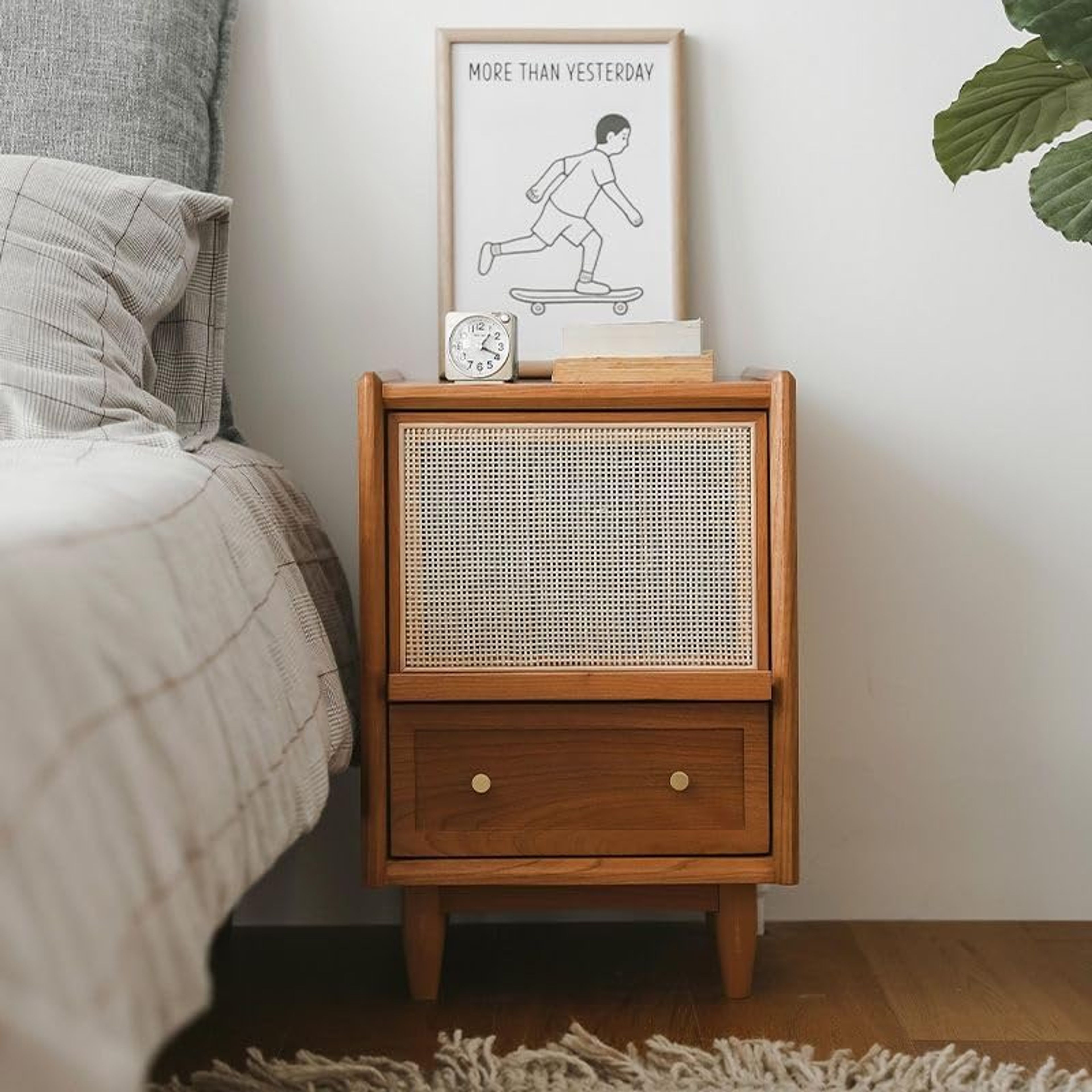 Orange Rattan Nightstand with Drawer - Solid Wood Bedside Table