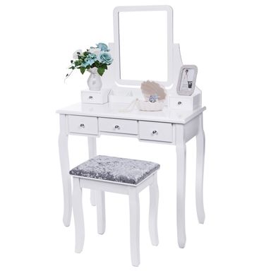 BEWISHOME Vanity Set with Mirror & Cushioned Stool Dressing Table Vanity Makeup Table 5 Drawers 2 Dividers Movable Organizers White FST01W without light