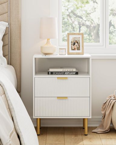 Night Stand,Tall Bedside Table with 3Storage Drawers,White Nightstand,Bedside Furniture,Side Table with Gold Frame,Drawer Dresser for Bedroom,Living Room (Modern-2drawers 1shelf, White) White Modern-2drawers 1shelf