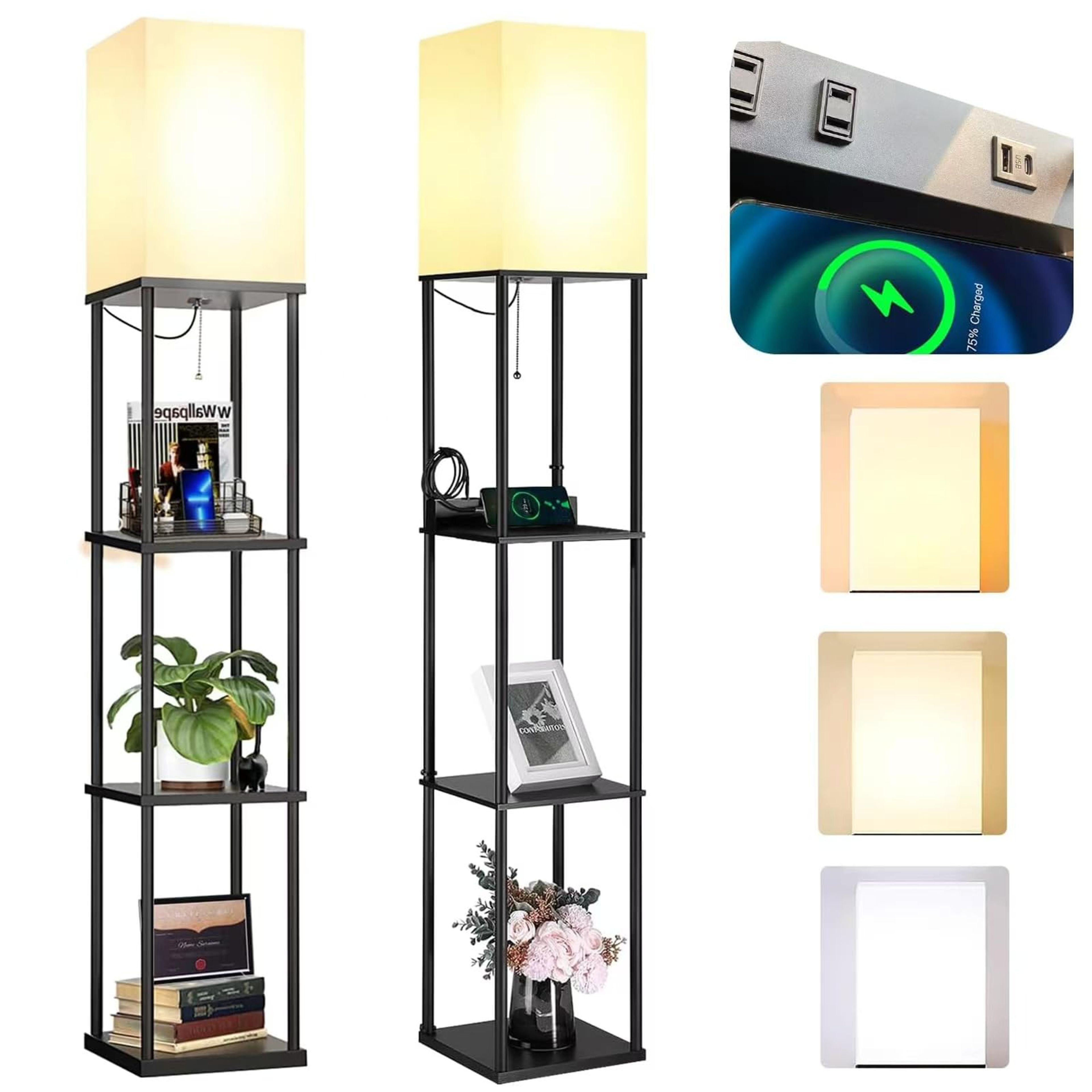 2-Pack Floor Lamps with Shelves, USB Ports & Outlets - LED 3 Colors