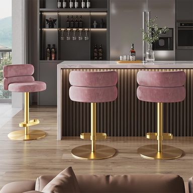 Velvet Bar Stools Modern Swivel Adjustable Height Kitchen Counter Bar Stools with Footrest for Living Room Dining Room (GOLG, Pink 1pcs)
