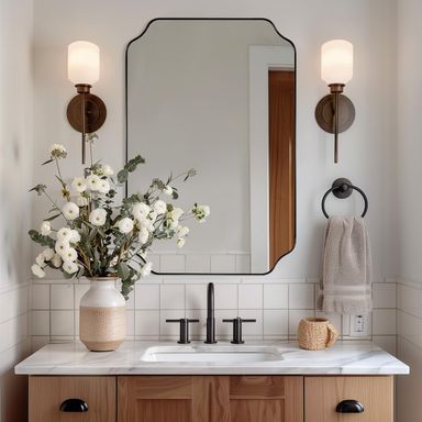 ANDY STAR Bathroom Vanity Mirror, 24x36 Inch Matte Black Mirror, Modern Rectangle Mirrors for Bathroom, Asymmetrical Wall Mirror with Scalloped Round Corner Matte Black 36"L x 24"W