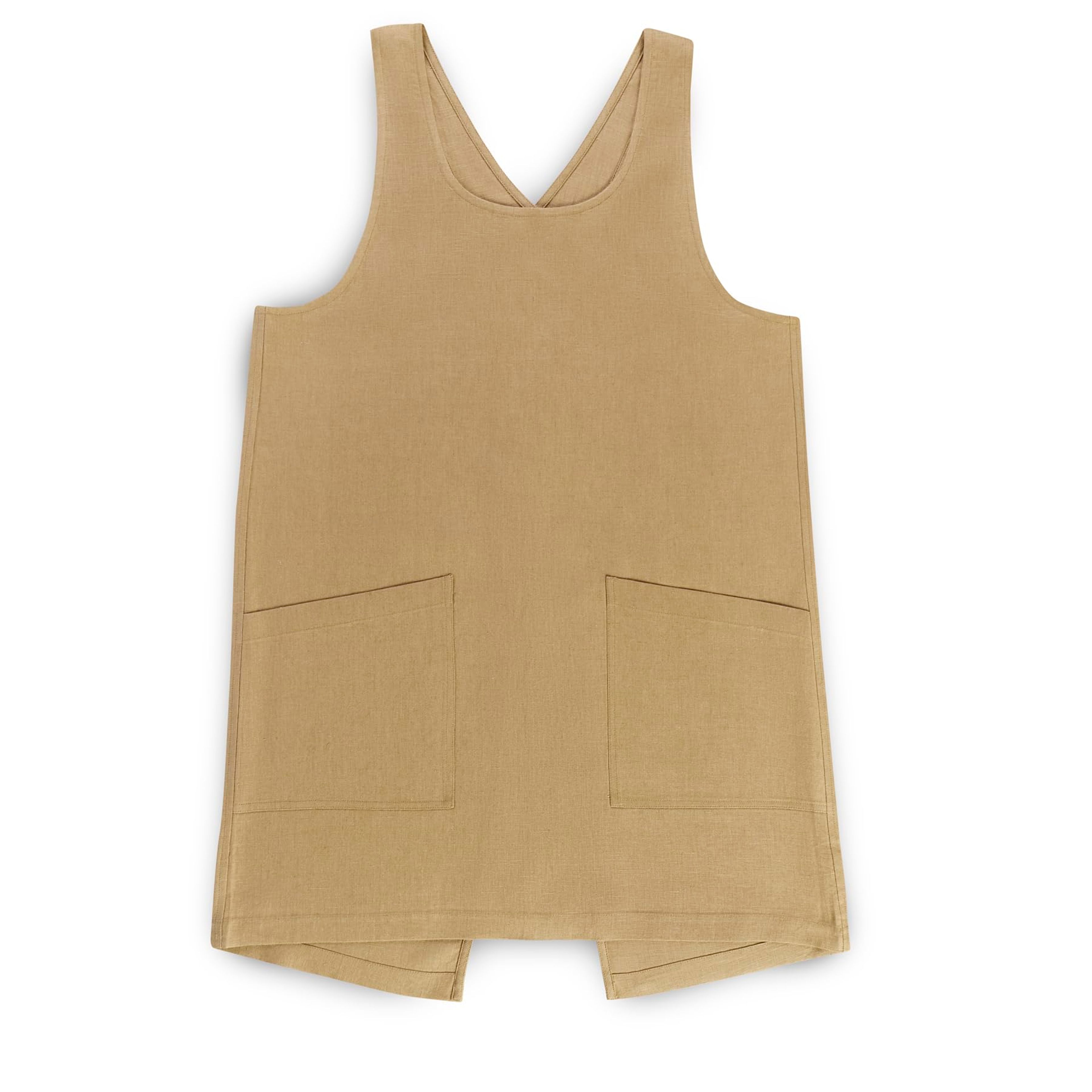 100% Pure Linen Cross Back Apron with Pockets - Kelp 35x45 Inch