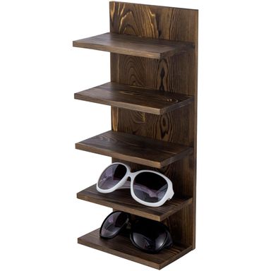 MyGift 5 Tier Rustic Burnt Solid Wood Sunglasses Holder Rack, Wall Mounted Eye Glasses Shelf or Tabletop Display Stand, Retail Eyewear Showcase Storage Organizer Burnt Wood