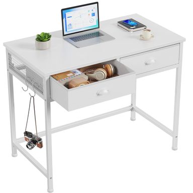 Furologee White Small Computer Desk with 2 Fabric Drawers for Bedroom,34 Inch Simple Home Office Writing Desk, Vanity Desk with Hooks, Study Table for Adults Student Small Spaces White 34 Inch