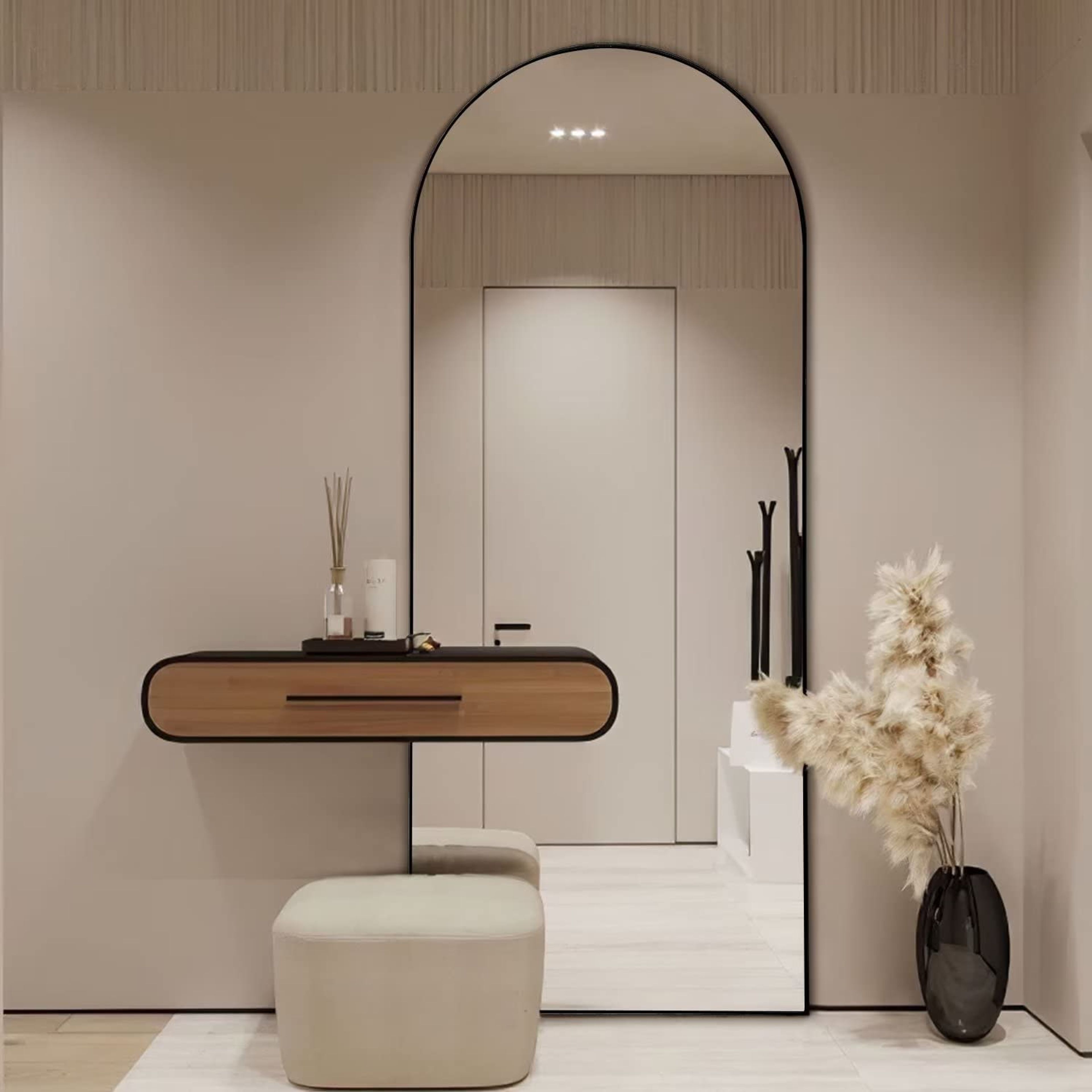 Natsukage Arched Black Full Length Floor Mirror 65x22 Wall Mount