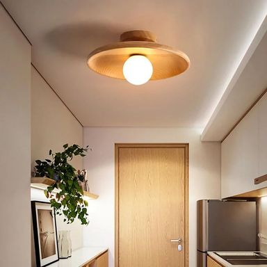 Dimmable LED Ceiling Light Fixture, 2700K-6000K 3CCT Modern Mid-Century Semi Flush Mount Ceiling Light, Wood Close to Ceiling Lamp for Kitchen, Laundry Room, Bedroom, Hallway, 11in Wood 11in