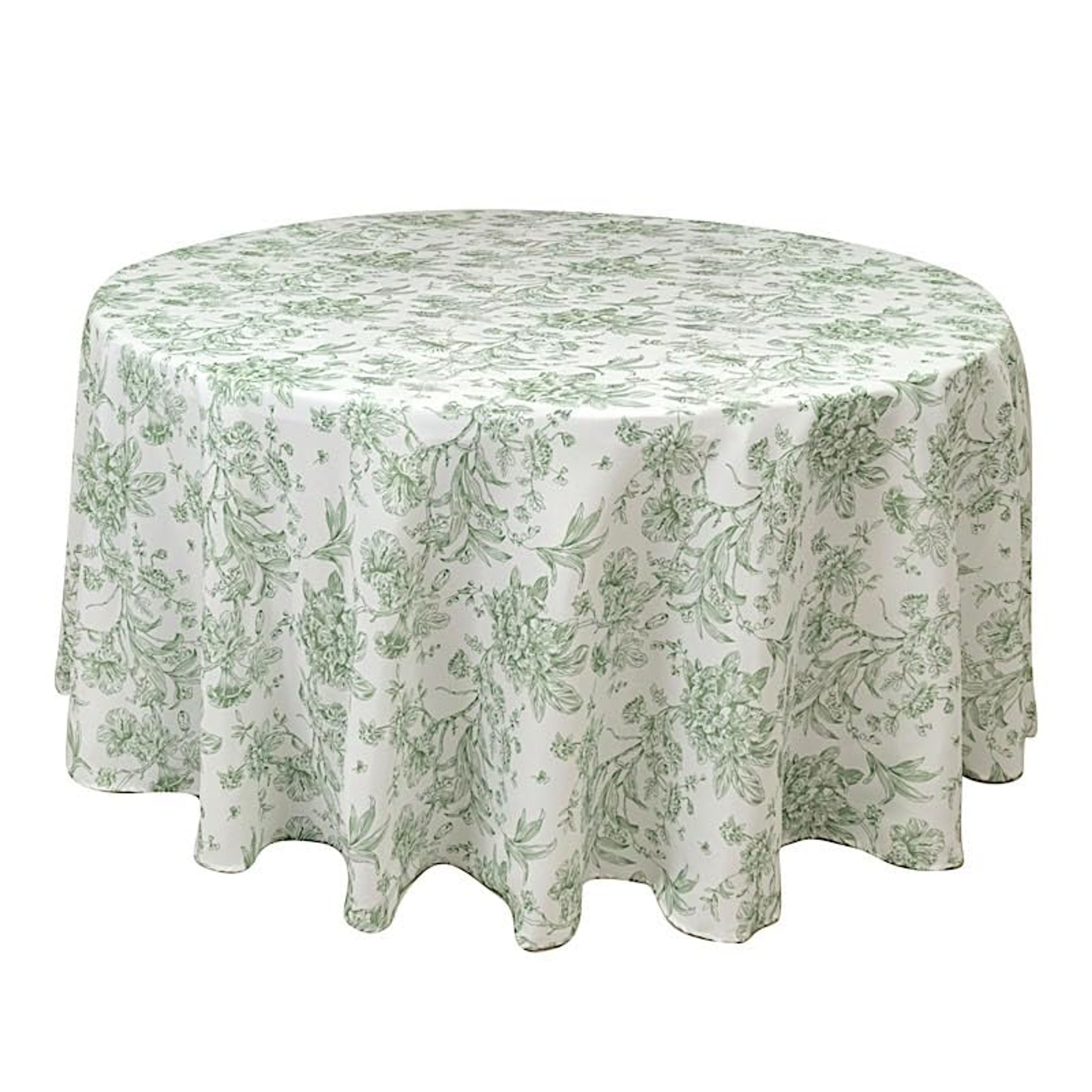 120" Round Toile Tablecloth White Sage Green Farmhouse