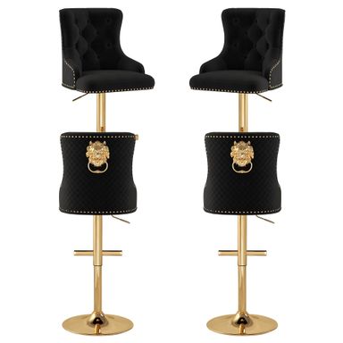 Velvet Bar Stool Set of 4 Golden Lion Pull Ring Swivel Chair for Kitchen Counter Nailhead Upholstered Barstools Height Adjustable Barstools with Gold Metal Base for Dining Room Kitchen Black
