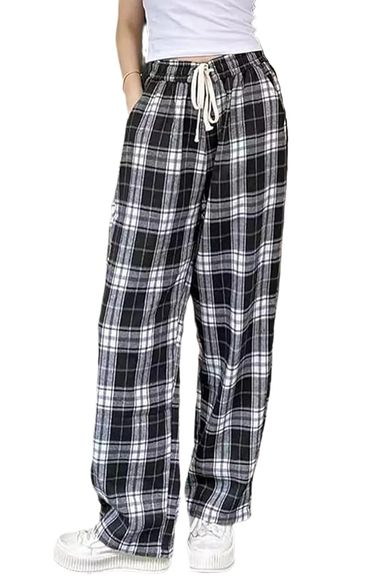 Women's Lounge Pants Plaid Teen Clothes Comfy Baggy Trendy Cute Soft Waist Drawstring with Pockets #116 Black Small