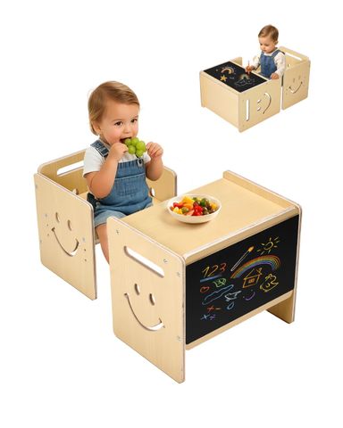 VEVOR Montessori Weaning Table and Chair Set, 3 in 1 Wooden Toddler Table and Chairs with Chalkboard, Adjustable Height Montessori Table for Ages 1-5, Ideal for Drawing, Reading, Eating - Natural Weaning Table with 1 Chair Natural Wood