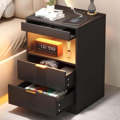 Yusong Night Stand, Bedside Table, LED Nightstand with Charging Station, Modern Night Stand, Wood Sofa Couch End Side Table with 2 Pull-Out Shelf (Black) Black LED Nightstand