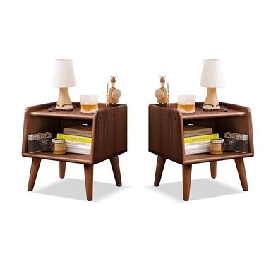 Short Nightstand, 100% Solid Wood Nightstand Set of 2, Small Night Stand, Mid Century Modern Nightstand, Wooden Nightstand for Small Spaces, Bedside Table for Bedroom, Living Room(Walnut)