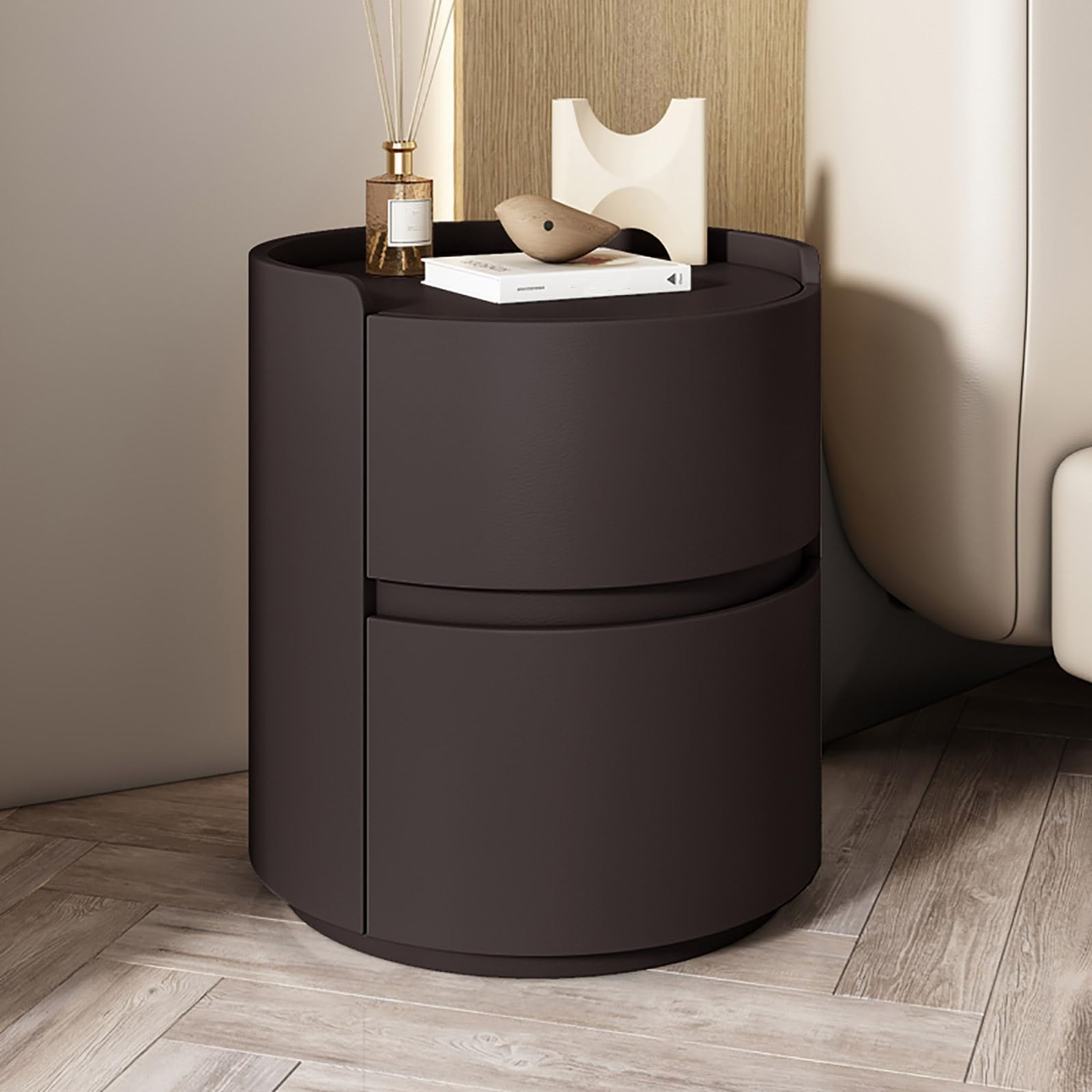 Modern Round Nightstand with 2 Solid Wood Drawers - Leather Bedside Table