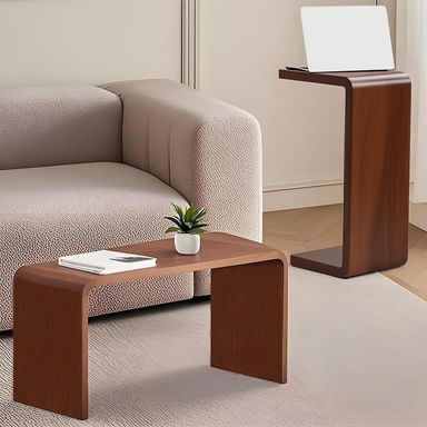 Walnut C Shaped End Table for Couch - Slide Under Sofa Side Table & Small Sofa Table Tray for Laptop | Space-Saving Narrow Design for Bedroom, Living Room