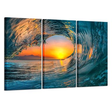 KREATIVE ARTS Large 3 Pieces Canvas Prints Wall Art Sunset Sea Water Ocean Wave Pictures Paintings Modern Stretched and Framed Seascape Giclee Artwork Ready to Hang for Living Room Home Decorations 20x36inchx3pcs