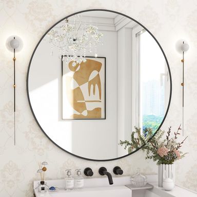 BEAUTYPEAK 30 Inch Round Mirror, Metal Frame Circle Mirror, Wall Mounted for Entryway, Bathroom, Vanity, Living Room, Black 30"L x 30"W Black