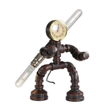 Water Pipe Table Lamp Robot Style- Retro Industrial Table Light- Antique Steampunk Metal Desk Lamp Bedside Lighting Fixture for Office, Reading Kids Room, Cafe Bar (Rust-Style F)