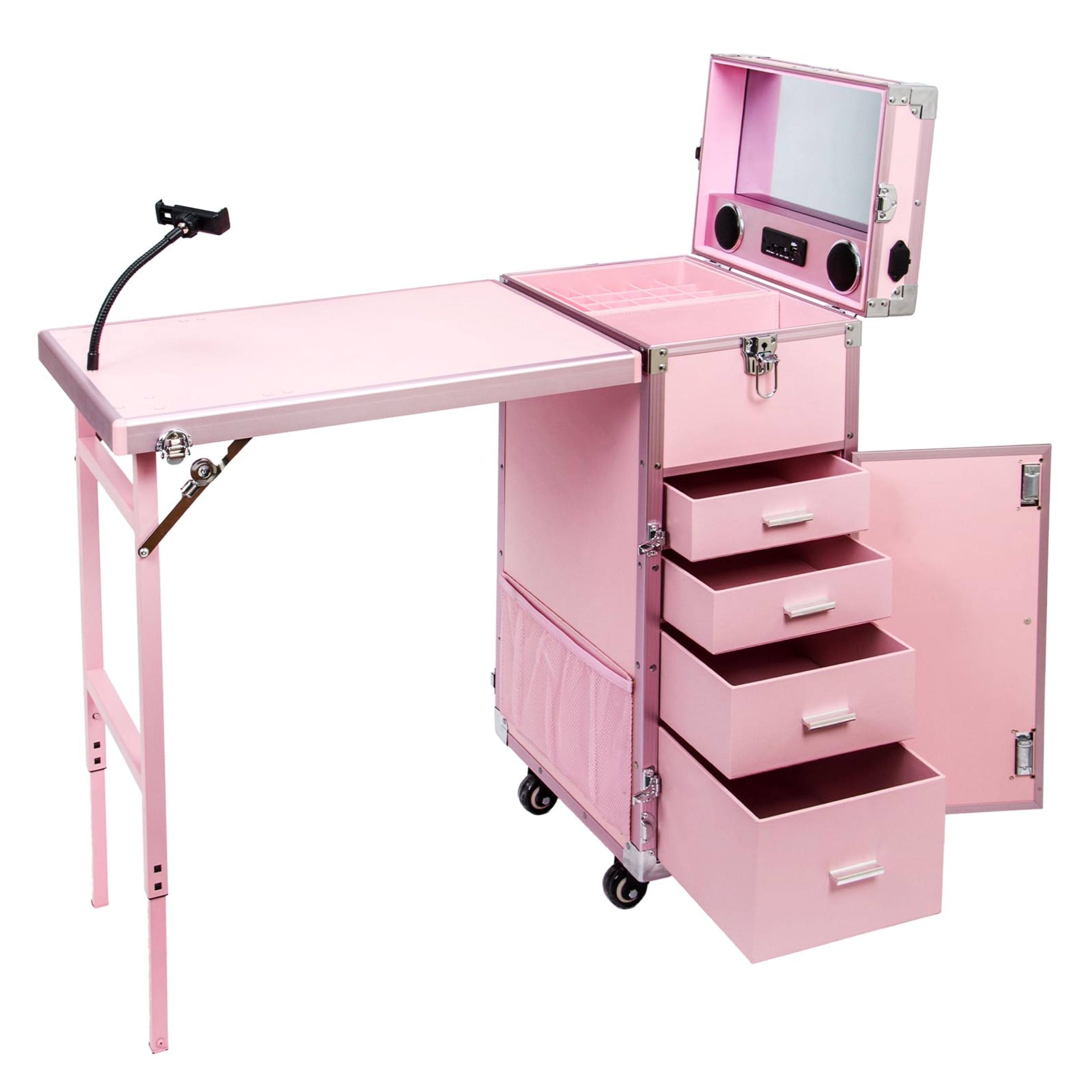 Pink Portable Rolling Manicure Table with Mirror & 4 Drawers