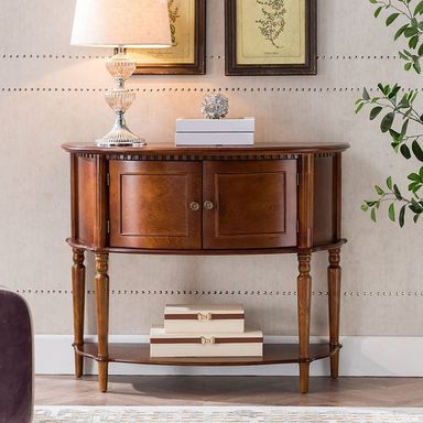 KWOKING Semi-Circular Rubber Wood Console Table Solid Wood Accent Table with Floor Shelf for Hall Porch Entrance Living Room Aisle Corridor Against The Wall Foyer Walnut 35.5" H x 38.5" L x 15" W 35.5"H x 38.5"L x 15"W Walnut