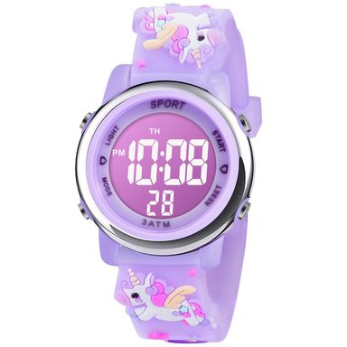 Vicloon Kids Watch, Toddler Digital Watch, Digital Watch LED Electrical Watches 7 Color Lights Watch Sport Outdoor with Alarm Stopwatch Unicorn Toys Gift for 6-12 Year Girls Children Wristwatch Unicorn - light purple