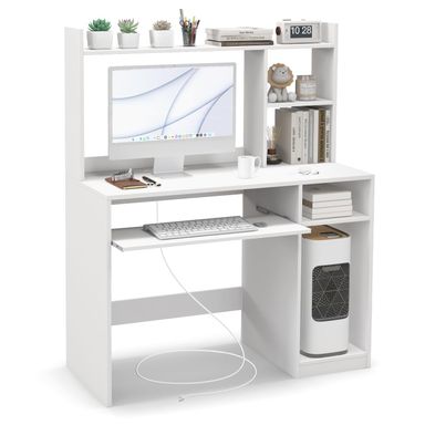 White Computer Desk with Hutch, Wood PC Table w/Power Outlet, Keyboard Tray and CPU Stand, Modern Writing Desk with Bookshelf for Bedroom, Simple Work Table for Home Office