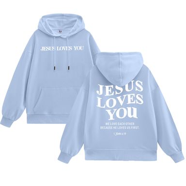 Christian Jesus Loves You Hoodies for Teen Boys Religious Faith Sweatshirts Bible Verse Graphic Youth Hoodies Sky Blue Large