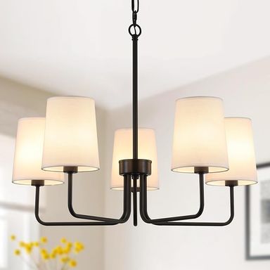 AMZASA Farmhouse Chandelier, 5-Lights Visual Comfort Gold Light, Muted Gold with White Fabric Shade, Linear Island Lighting Fixture for Kitchen, Dining Room - Amazon.com