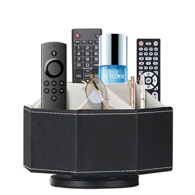 Remote Control Holder, Swivel 9 Rooms Desk Organizer and Decorations for Living Room, Leather Bedside Storage Caddy for TV Controllers/ Makeup Brush Pen/ Office Stationery/ Art Supplies/ Eyeglasses Black