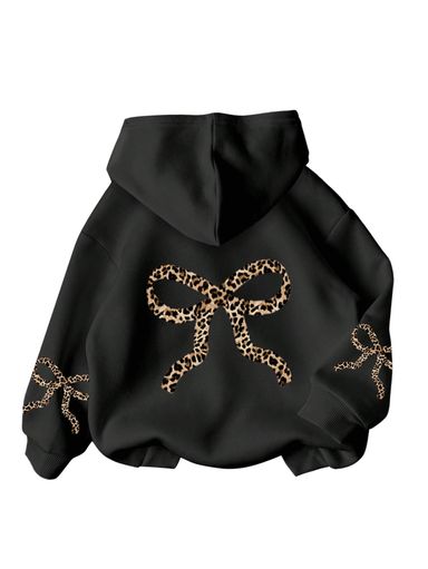 Girl's Bow Cheetah Leopard Hoodies Long Sleeve Pullover Tops Preppy Cute Sweatshirts Hoodies 11 Years Bow Black
