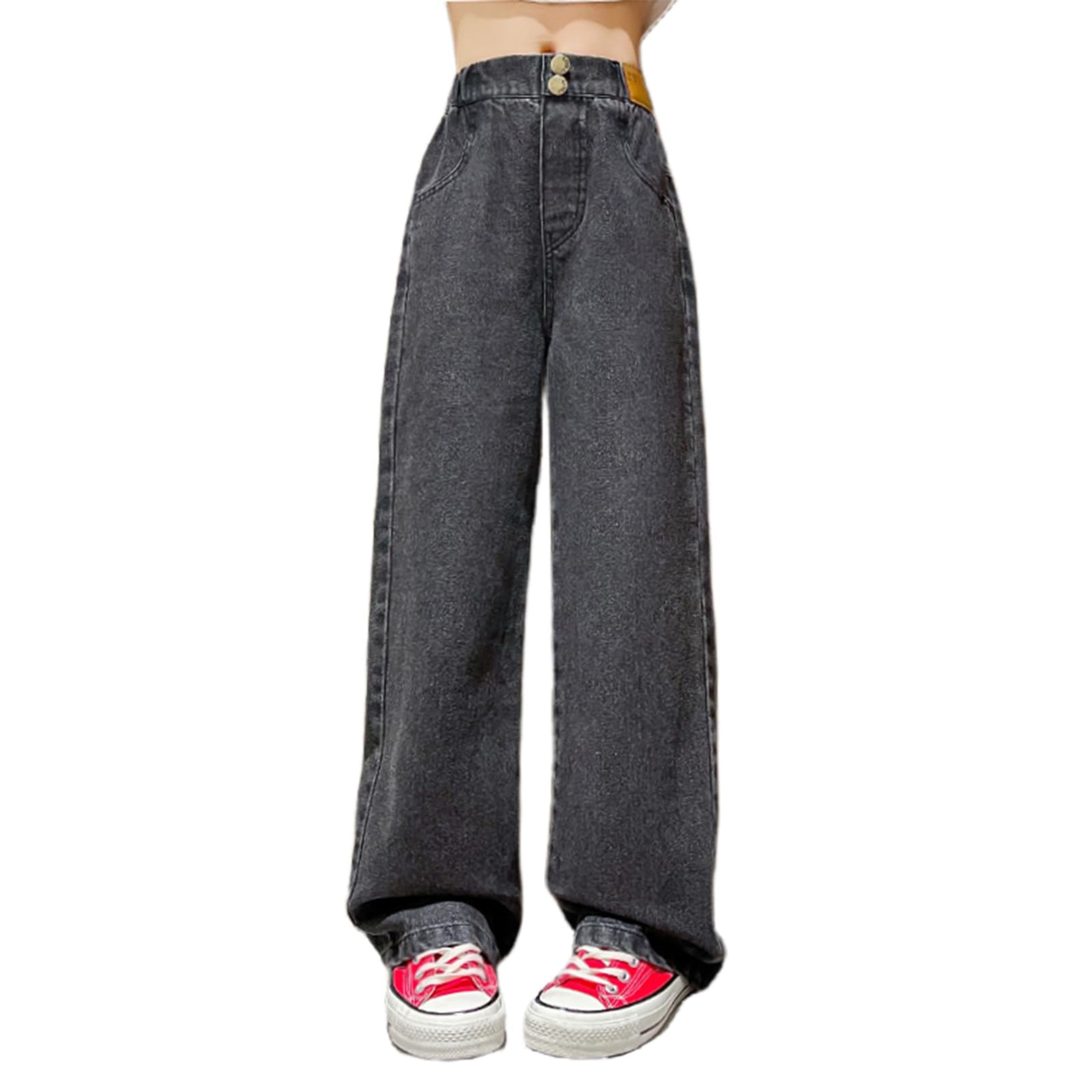 Girls Baggy Wide Leg Jeans High Waist Black 5-14Y