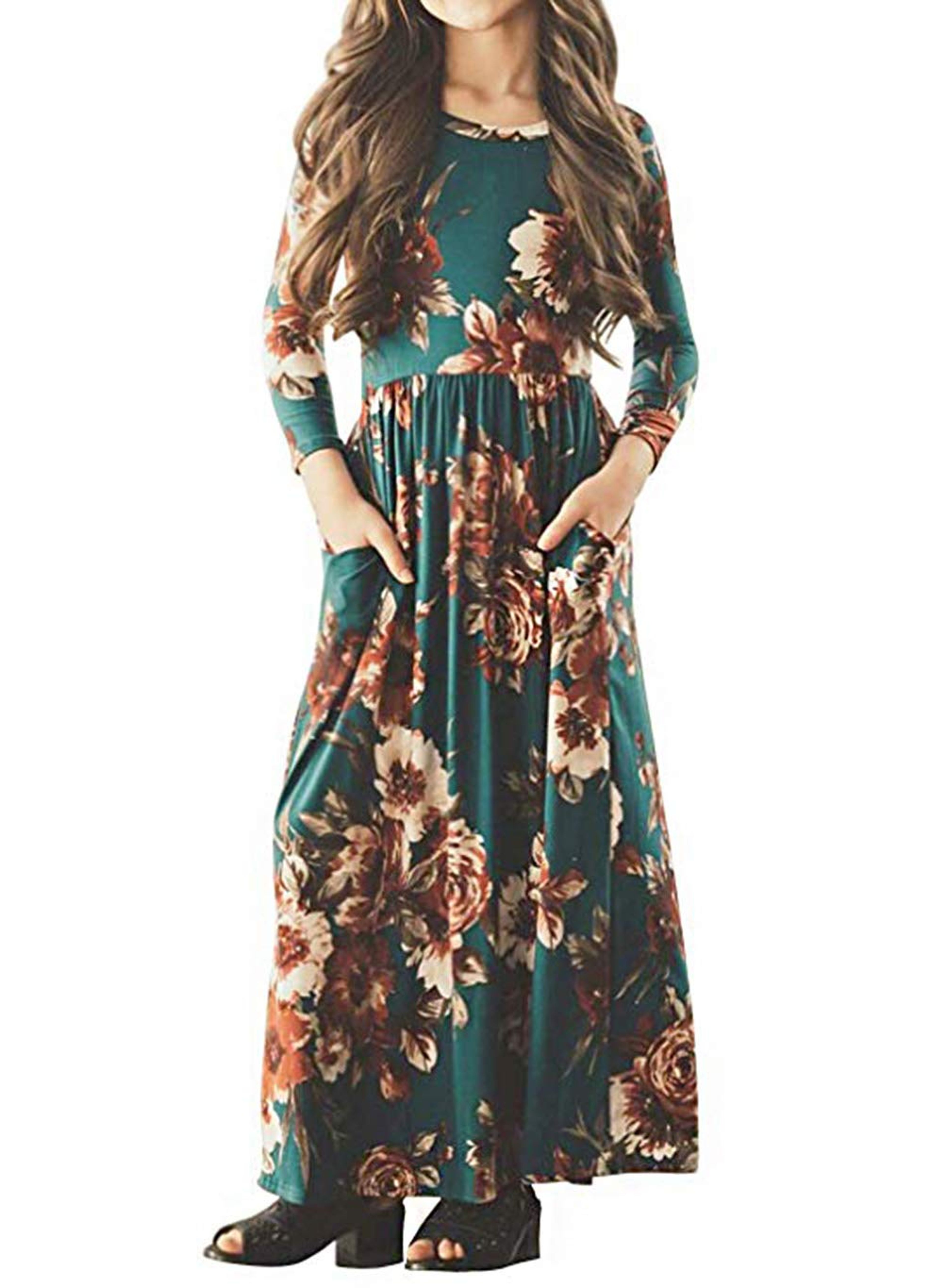 Teal Floral Maxi Dress for Girls 6-12 with Pockets & 3/4 Sleeves