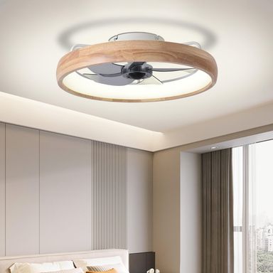 20” Ceiling Fan with Light, Dimmable LED Timing with Remote Control, 5 Invisible Reversible Blades Semi Flush Mount Low Profile Fan, Arc Wooden Frame