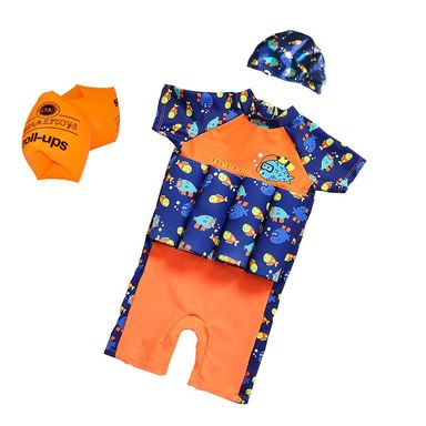 Trajes de banho flutuantes para crianças pequenas, cor laranja e azul com chapéu de natação e anel inflável no braço, Laranja, Large
