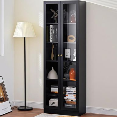 Black Bookshelf with Storage, Metal Enclosed Bookcase, 5 Tier Bookcase with Doors and Shelves, Tall Cabinet Display Case File Cabinet for Home Office, Living Room, Library, Study, Garage Black 23.54''W x 14''D x 71''H