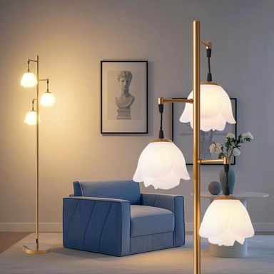 Fiqevs Mid Century Modern Floor Lamp, 3-Light Flower Tree Standing Lamp with LED Bulbs, Art Decor Vintage Tall Lamp for Living Room, Bedroom & Office - Antique Brass/Gold