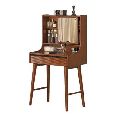 YESWOOD Small Vanity Desk with Mirror, Solid Wood Dressing Table, Movable Drawer Divider, 180° Swivel Make-up Mirror Dressing Desk for Bedroom, Teak Color, 22" D x 13.8" W x 51" H