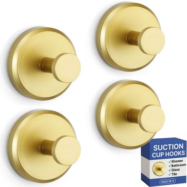 HOME SO Suction Cup Hooks for Shower, Bathroom, Kitchen, Glass Door, Mirror, Tile – Loofah, Towel, Coat, Bath Robe Hook Holder for Hanging up to 15 lbs – Waterproof, Matte Brushed Satin Gold (4-Pack) Brushed Gold 4.0