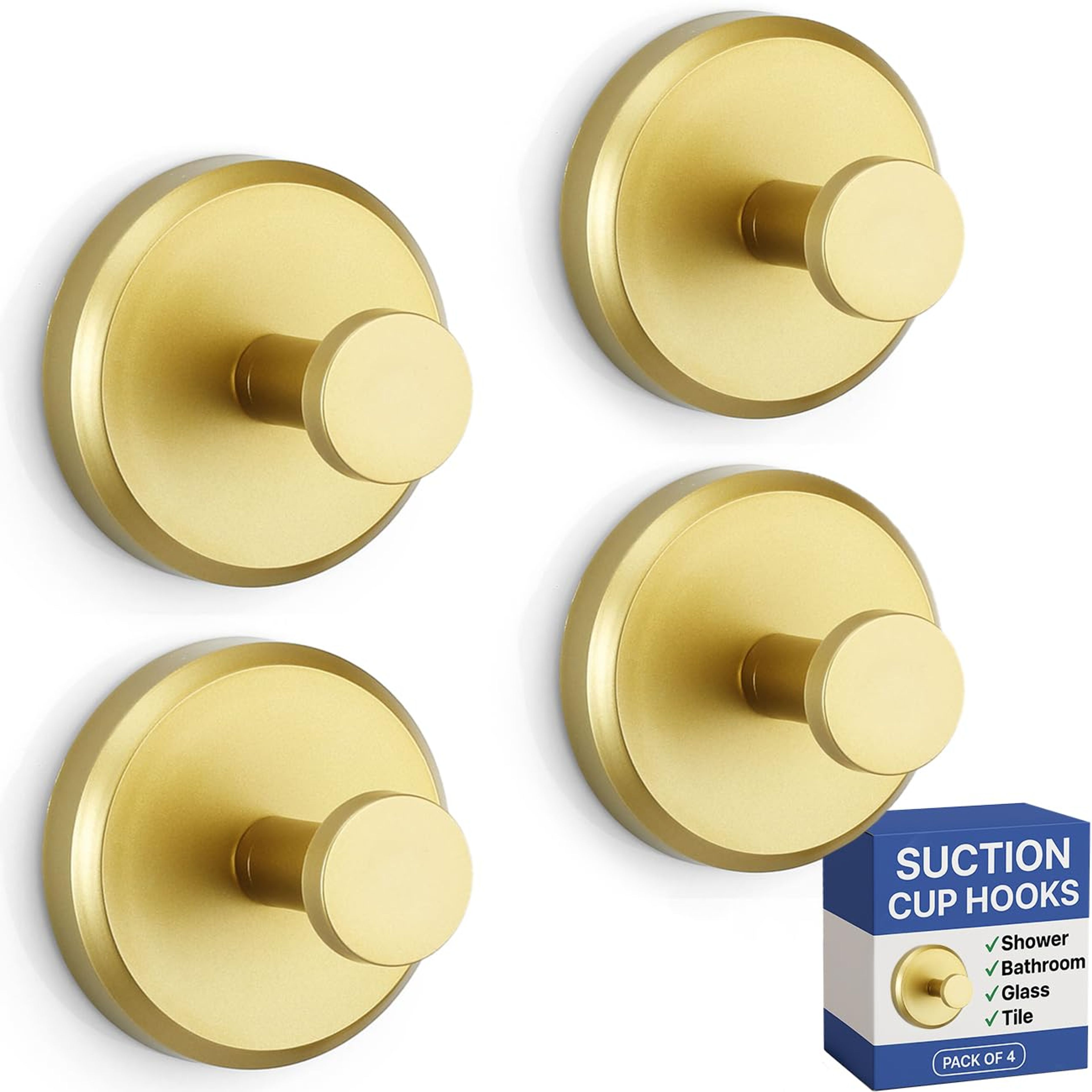 Brushed Gold Suction Cup Hooks for Shower & Bath - 4-Pack 15lbs