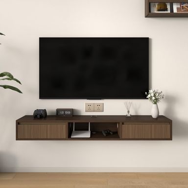 47 in Floating TV Stand Floating Tv Console for Tvs Up to 32/65 Inch Entertainment Center for Wall with 2 Flip-Down Cabinet Doors for Bedroom Living Room,Walnut+Natrural 47 IN Walnut+natrural