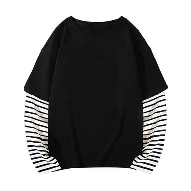 Kids Girls Boys Cotton 2 in 1 Tops Unisex Baggy Striped Long Sleeve Crew Neck Shirts Autumn Comfy Breathable Tees Black 9-10 Years