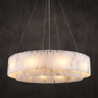 Alabaster Chandelier D31in Spanish Natural Marble Round Chandeliers, 2 Tiers Modern Living Room Chandelier, Alabaster Pendant Light Fixture, Dimmable Chandeliers for Bedroom, Entryway, Foyer