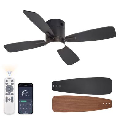 LEDIARY 46 inch Ceiling Fans with Lights and Remote Control,Flush Mount Ceiling Fan with Quiet Reversible DC Motor,Black Modern Low Profile Ceiling Fan with Light for Bedroom Living Room Patio