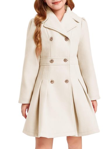 Haloumoning Girls Winter Dress Coat Button Peacoat Notch Lapel Double Breasted Outerwear with Pockets 5-14 Years Beige 7-8 Years