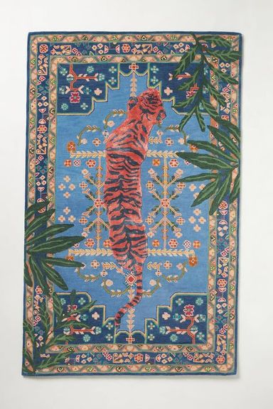 Handmade Wool and Silk Tufted Rug with Bengal Tiger Motif in Blue, Oriental Botanical Design, Luxurious Living Room Carpet, Home Decor Accent, 6x6 Ft (Square) Blue With Red, Green, and Multi-color Accents 6x6 Ft (Square)